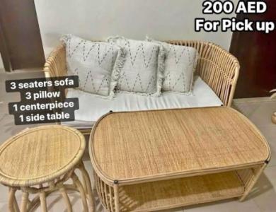 Natural RATTAN sofa set with center table & side table