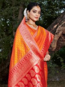 AED 244, Mustard Banarasi Silk Woven Work Traditional Tassels Saree By Sangam