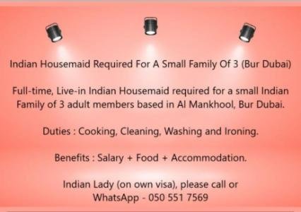 Indian Housemaid Required For A Small Family Of 3 (Bur Dubai)