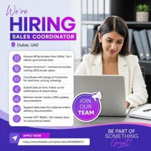 Sales Coordinator Required in Dubai