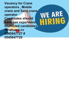 Urgent Requirement for Mobile, Crane , Sany Crane Operators