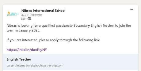 Nibras is looking for a qualified passionate Secondary English Teacher